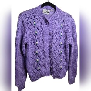 Embroidered Floral Cable Knit Cardigan Sweater Cottagecore Purple Grandma Large